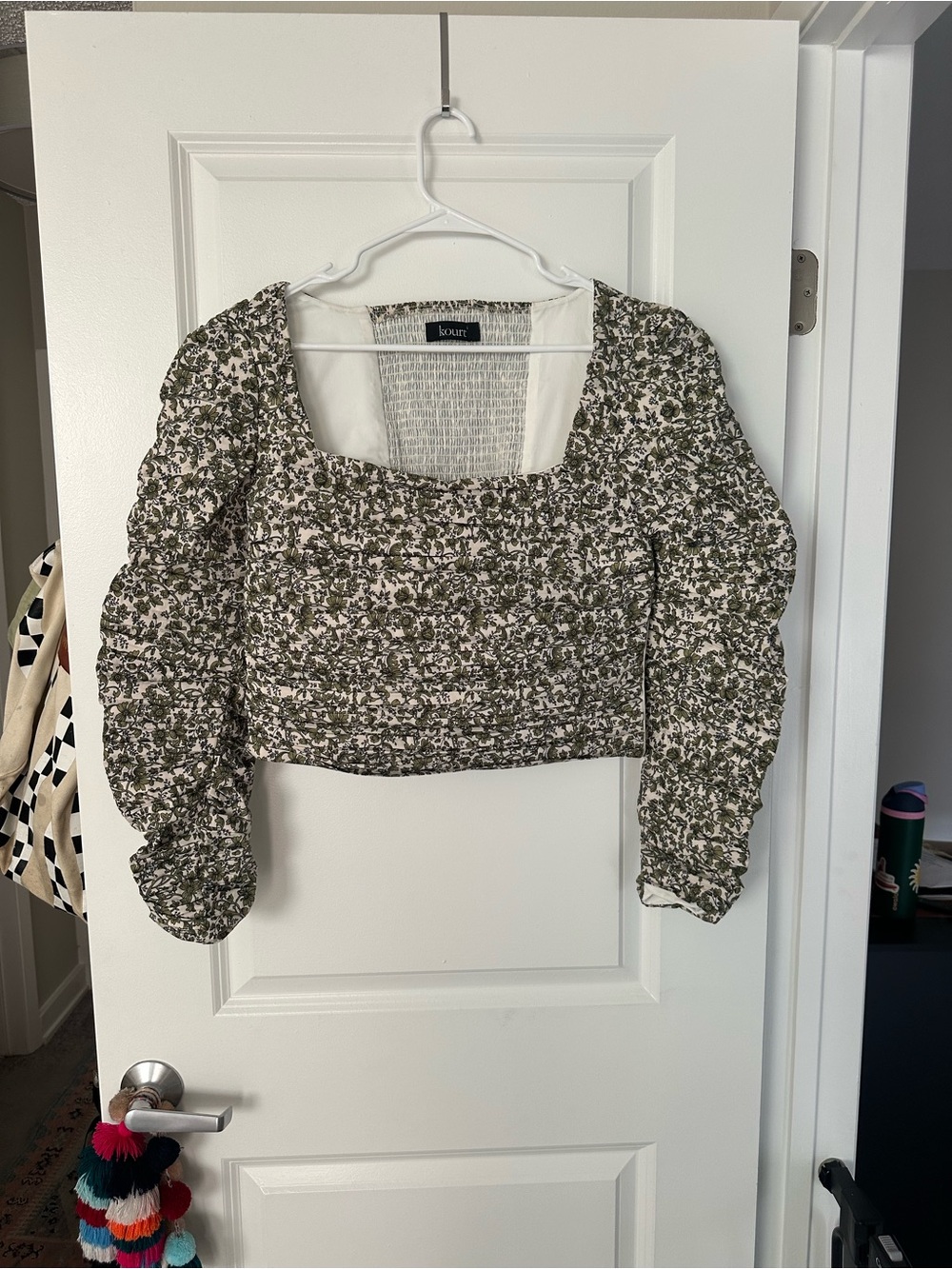 Kourt Olive Floral Puff-Sleeve Smocked Crop Top